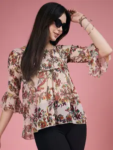 DressBerry Cream Floral Printed Bell Sleeve Chiffon Top