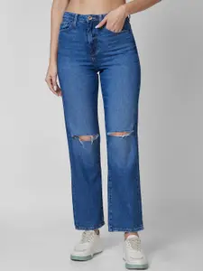 SPYKAR Women Straight Fit High-Rise Slash Knee Light Fade Jeans