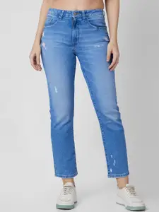 SPYKAR Women Straight Fit Mildly Distressed Light Fade Cropped Jeans