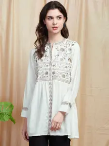FASHOR White Ethnic Motifs Embroidered Cuffed Sleeves Thread Work Pleated A-line Kurti
