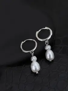 Carlton London 925 Sterling Silver Rhodium Plated with Dangling Pearl Hoop Earrings