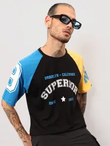 Beyoung Typography Printed Cotton Round Neck Raglan Sleeves Oversized Applique T-shirt