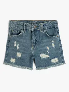 Koton Girls Mid-Rise Pure Cotton Distressed Denim Shorts