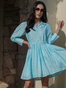 Vishudh Floral Embroidered Puff Sleeve Fit & Flare Pure Cotton Ethnic Dress