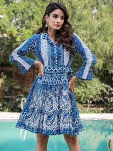 Vishudh Ethnic Motifs Print Bell Sleeve Fit & Flare Pure Cotton Ethnic Dress