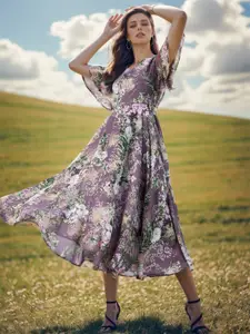 RARE Floral Printed Flared Sleeves Georgette Fit & Flare Midi Dress