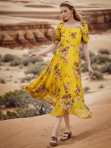 RARE Floral Print Puff Sleeve Chiffon Fit & Flare Midi Dress