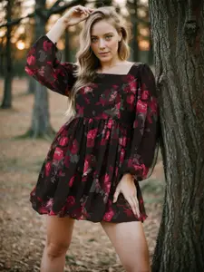 RARE Black Floral Printed Fit & Flare Dress