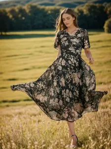 RARE Khaki Floral Print Fit & Flare Midi Dress