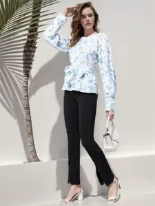 RARE Blue Floral Printed Cuffed Sleeves Tie-Ups Top