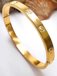 PRIVIU Stainless Steel American Diamond Gold-Plated Bangle-Style Bracelet