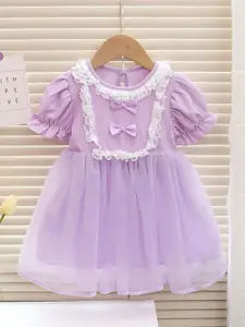 INCLUD Girls Cotton Round Neck Puff Sleeve Net Fit & Flare Dress