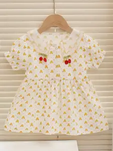 INCLUD Girls Floral Printed Peter Pan Collar Puff Sleeves Fit and Flare Dress