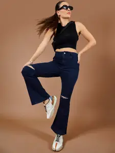DOLCE CRUDO Women Bootcut High-Rise Slash Knee Stretchable Jeans