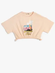 Koton Girls Printed Round Neck Extended Sleeves Tie-Ups Cotton Crop Top