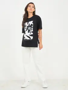 Styli Black Abstract Printed Tropical Cotton T-shirt