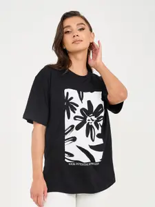 Styli Black Abstract Printed Tropical Cotton T-shirt