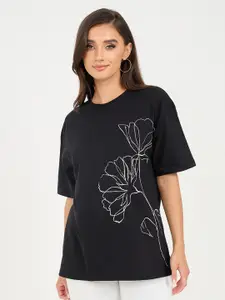 Styli Printed Drop-Shoulder Sleeves Cotton Oversized T-shirt