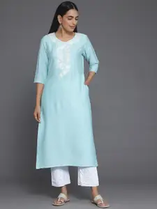 Libas Round Neck Floral Yoke Design Straight Kurta with Pocket