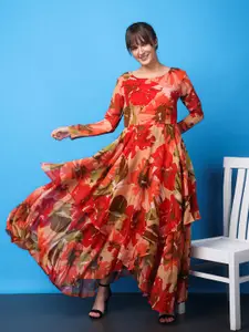 SCORPIUS Floral Printed Layered Fit& Flare Maxi Dress