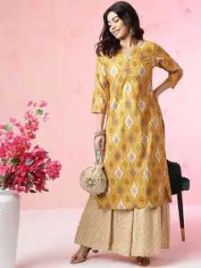 Anouk Yellow Ethnic Motifs Printed V-Neck Chanderi Silk Straight Kurta