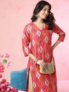 Anouk Fuchsia Ethnic Motifs Printed V-Neck Chanderi Silk Straight Kurta