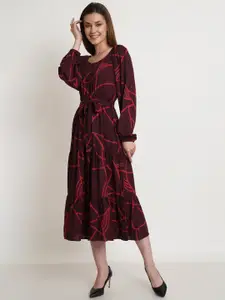 Purple State Abstract Printed Puff Sleeves Fit & Flare Midi Dress