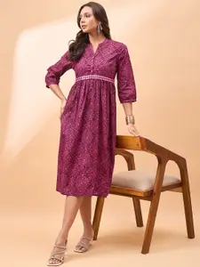 all about you Printed Mandarin Collar Mirror Work Fit & Flare Pure Cotton Midi Dress