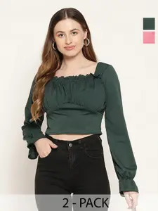 Miaz Lifestyle Pack Of 2 Puff Sleeve Square Neck Crop Top