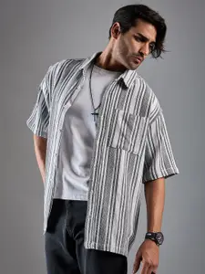 CHIMPAAANZEE Oversized Vertical Striped Spread Collar Casual Shirt