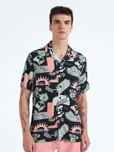 Flying Machine Graphic Printed Cuban Collar Twill Casual Shirt