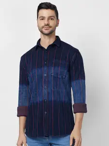 SNX Men Tailored Fit Striped Pure Cotton Casual Shirt