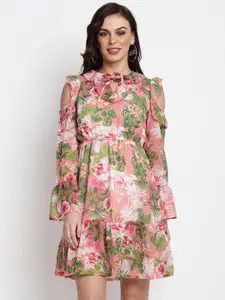 Miaz Lifestyle Floral Printed Tie-Up Neck Bell Sleeves Fit & Flare Dress