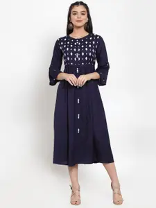 Miaz Lifestyle Geometric Embroidered Fit & Flare Midi Dress