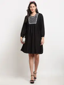 Miaz Lifestyle Geometric Embroidered Round Neck A-Line Dress