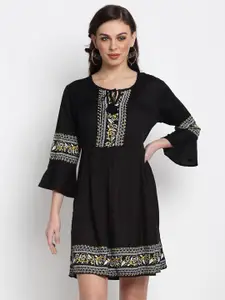 Miaz Lifestyle Tribal Printed Tie-Up Neck Bell Sleeves Fit And Flare Dress