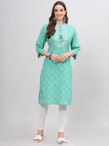 HIGHLIGHT FASHION EXPORT Geometric Printed Tie-Up Neck Cotton Thread Work Kurta