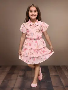 Toonyport Girls Floral Printed Shirt Collar Layered & Belted Chiffon Fit & Flare Dress