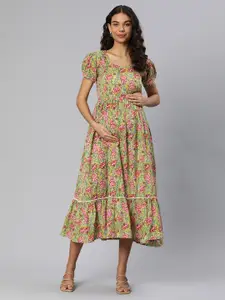 Swishchick Floral Print Puff Sleeves Kantha Embroidered Maternity Fit & Flare Midi Dress