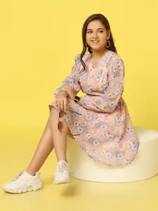 FASHION DREAM Girls Floral Printed Puffed Sleeves Chiffon Fit & Flare Dress