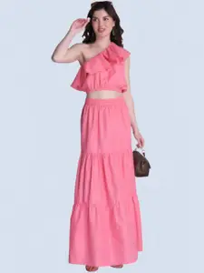 Orchid Hues Pure Cotton One Shoulder Crop Top With Maxi Tiered Skirt