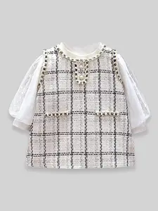 INCLUD Girls Checked Cotton Puff Sleeve A-Line Dress