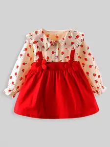 INCLUD Girls Floral Print Cotton Peter Pan Collar Puff Sleeve Applique Pinafore Dress