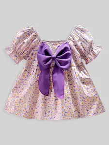 INCLUD Girls Floral Print Cotton Puff Sleeve A-Line Dress