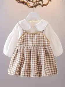 INCLUD Girls Checked Peter Pan Collar Cotton A-Line Dress
