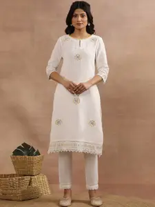 W Floral Embroidered Keyhole Neck Thread Work Pure Cotton Straight Kurta