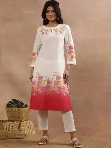 W Floral Printed Keyhole Neck Thread Work Straight Pure Cotton Straight Kurta