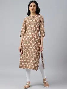 W Floral Printed Mandarin Collar Roll-Up Sleeves Straight Kurta