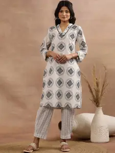 W Ethnic Motifs Printed V-Neck Pure Cotton Straight Kurta