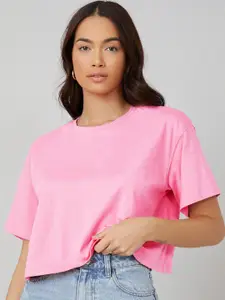 Kotty Pink Round Neck Drop-Shoulder Sleeves Crop Oversized T-shirt
